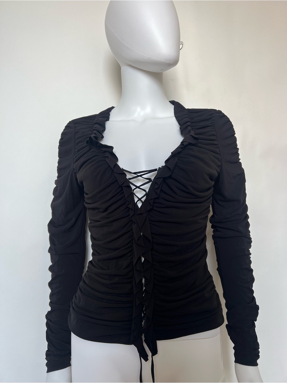 Cache Black Ruched Lace-Up Corset Top Ruffle Trim Long Sleeve Y2K Medium - Picture 5 of 6